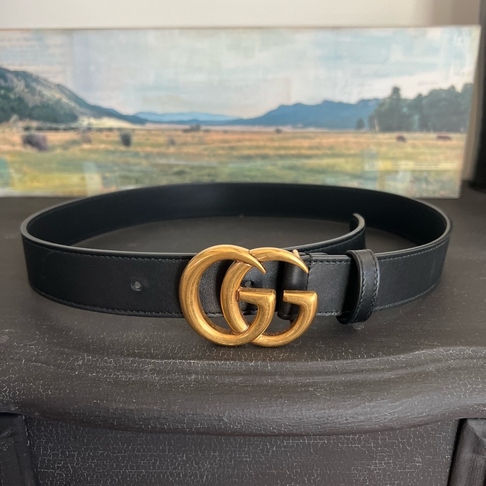 Gucci GG Marmont Black Leather Belt with Gold Buckle